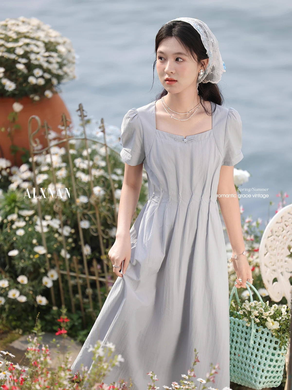 

ALXNAN Blue Women's Dress Long Elegant Square Neck Puff Sleeve Dress 2025 Holiday A-line Casual Cotton Ladies Clothing DYL661814