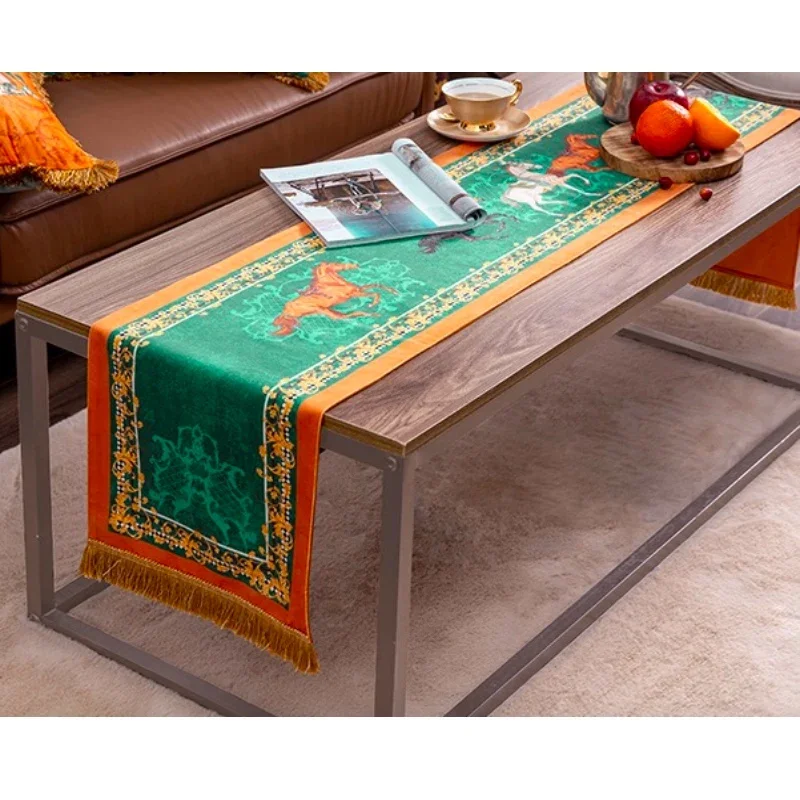 Luxury Table Runner for Home Decor, Long Table Cover, Fabric, Retro, Orange, Green Color, Tablecloth, Bedding, Party