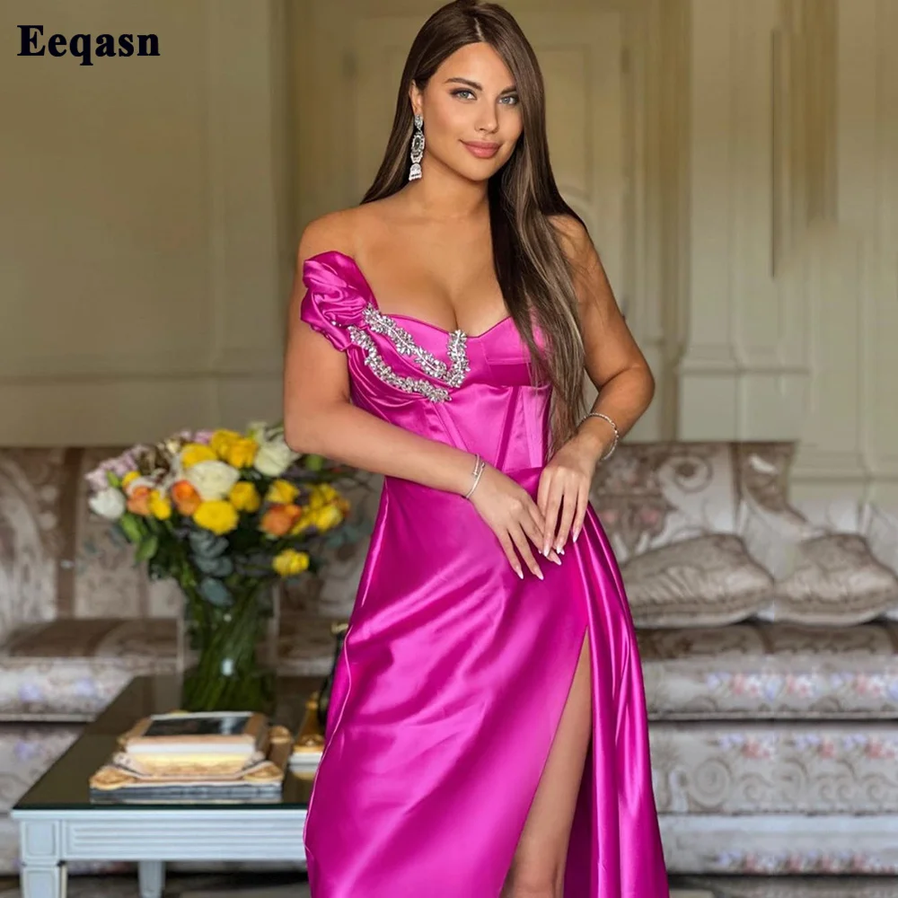 

Eeqasn A Line Fuchsia Satin Prom Dresses Formal Women Party Gowns Crystals Sweetheart Bones High Slit Long Train Wedding Dress