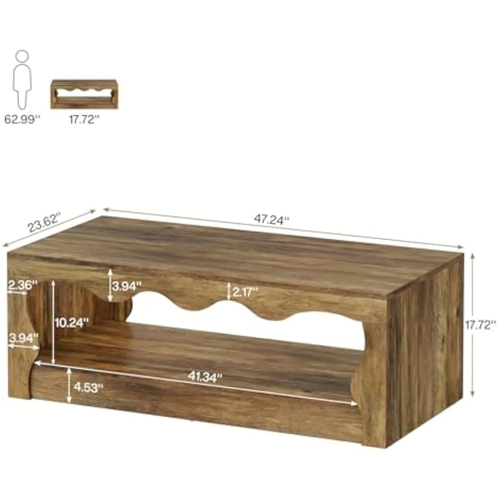 Mesa de centro retangular estilo fazenda, 47,24 polegadas, peça central de madeira de 2 camadas para sala de estar