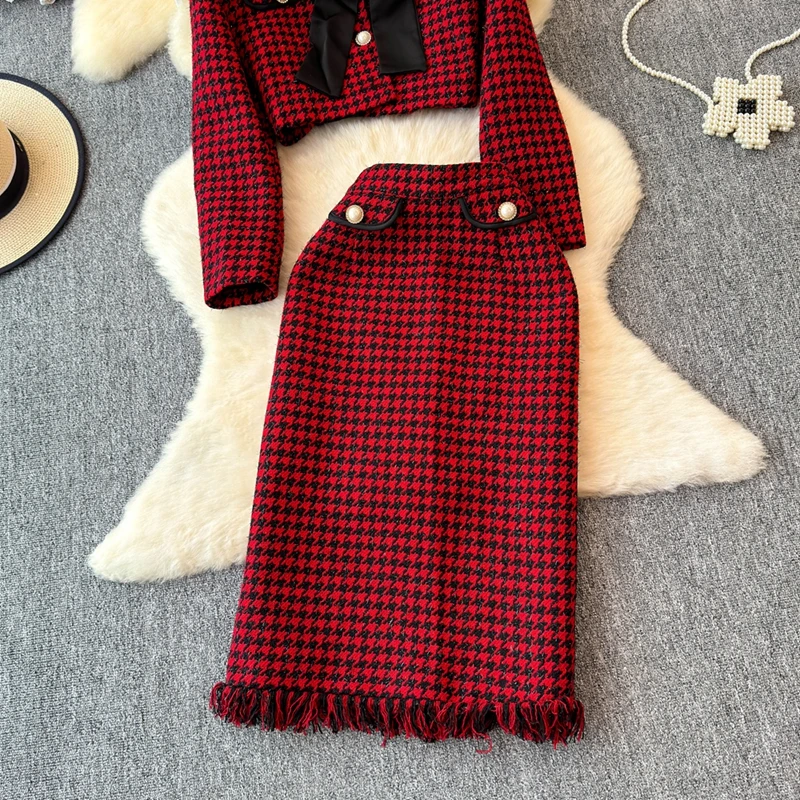 Autumn Winter Two Piece Skirt Set Casual socialite Elehant Tweed Jacket Half Skirt Two-Piece Set Basic Short Single Breast Coat