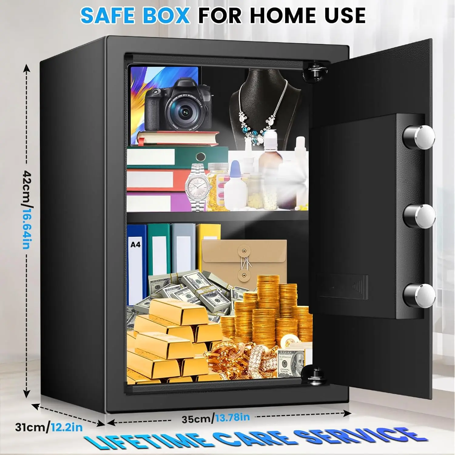 2.6 Cuft Safe Box, Steel Home Security Safe with Fireproof Waterproof Money Bag, Anti-Theft Safes for Home with Programmable Key