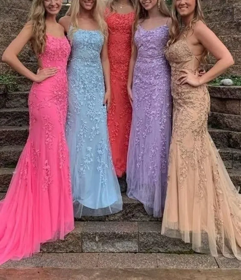 Vestidos femininos de baile de sereia com apliques, longas alças de espaguete, vestido formal de tule, vestidos de festa Quinceanera, mulheres