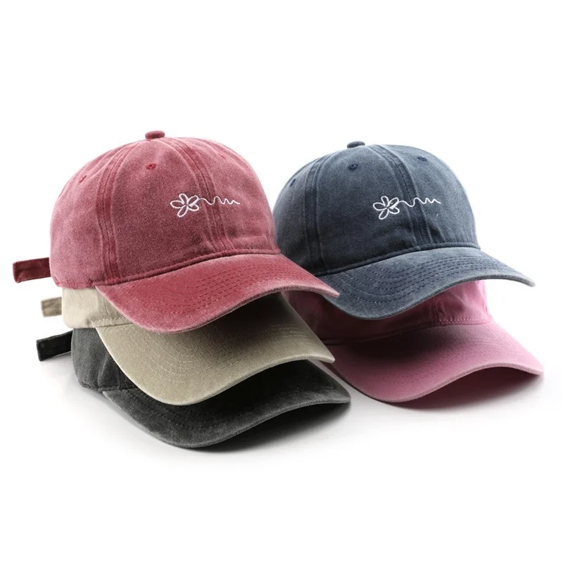 

Floral Embroidery Washed Distressed Visor Cap Unisex Outdoor Casual Hat for Daily Travel Sun Protection Retro Style