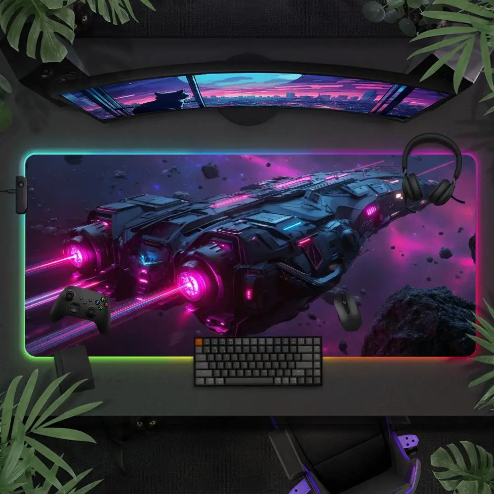 

Коврик для мыши с космическим кораблем, большие игровые коврики для мыши RGB, светодиодный светильник с заблокированными краями, игровые аксессуары, настольные коврики, коврик для клавиатуры ПК XXL 90x40 см