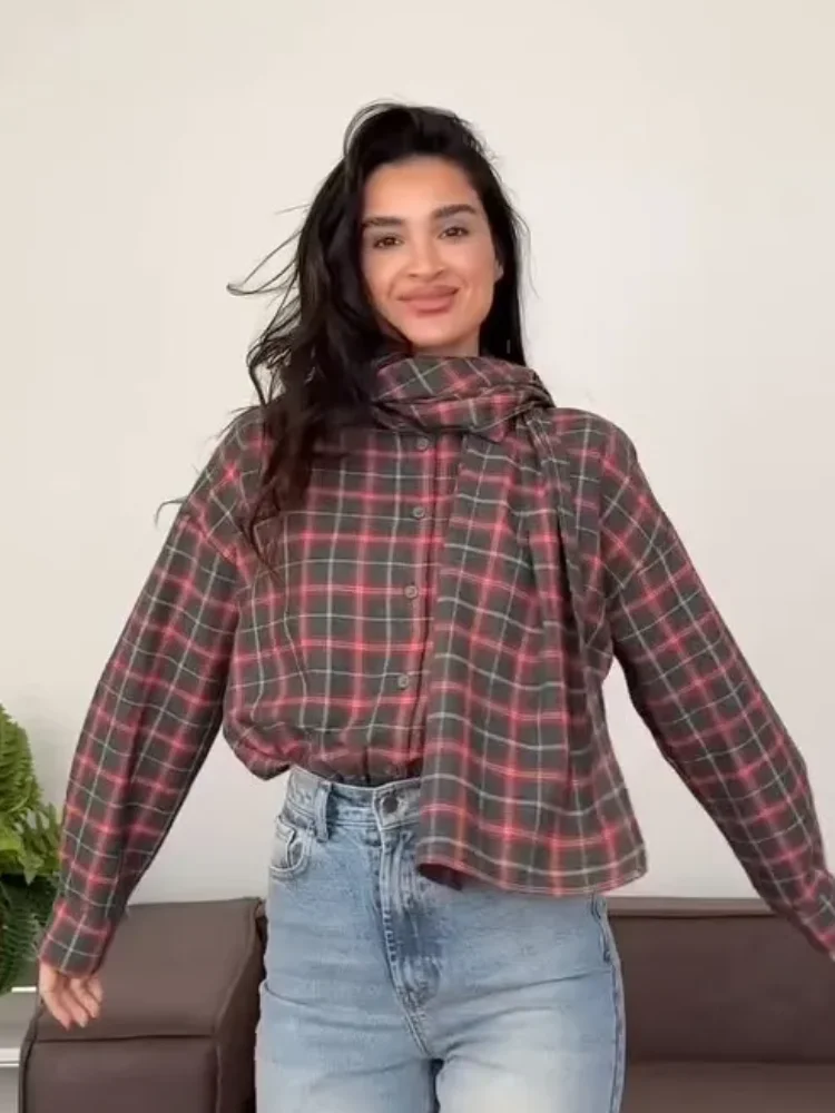 

Fashion Plaid Cloak Shirt Women Stylish Lapel Long-sleeved Single Breasted Loose Cropped Tops 2026 Lady Daily Commute Office Top