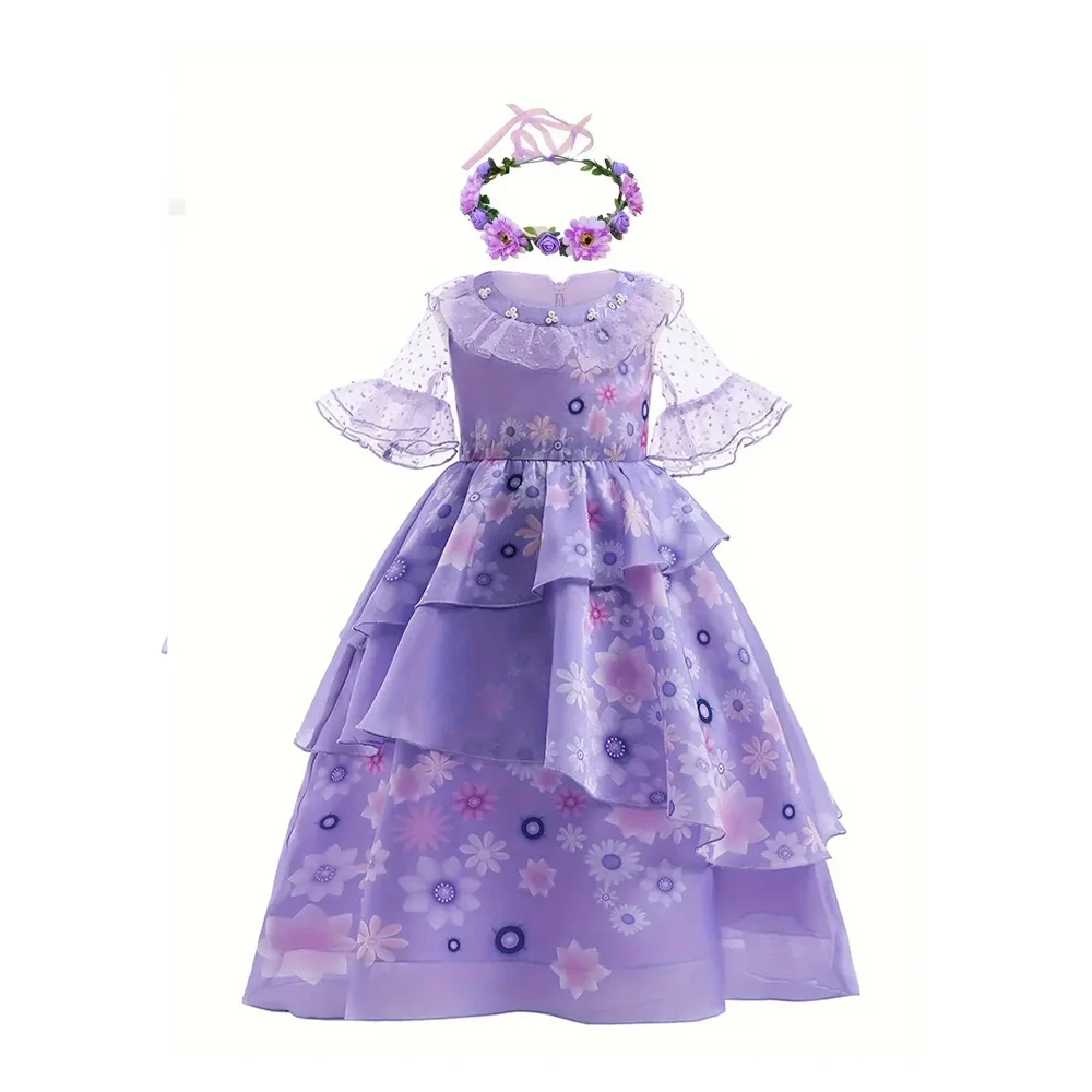 Girls Floral Princess Dress And Flower Headband 2pcs Sets For 3-12Yr Girls Mirabel  Fairy Costume Dress-up Carnival Party Charm