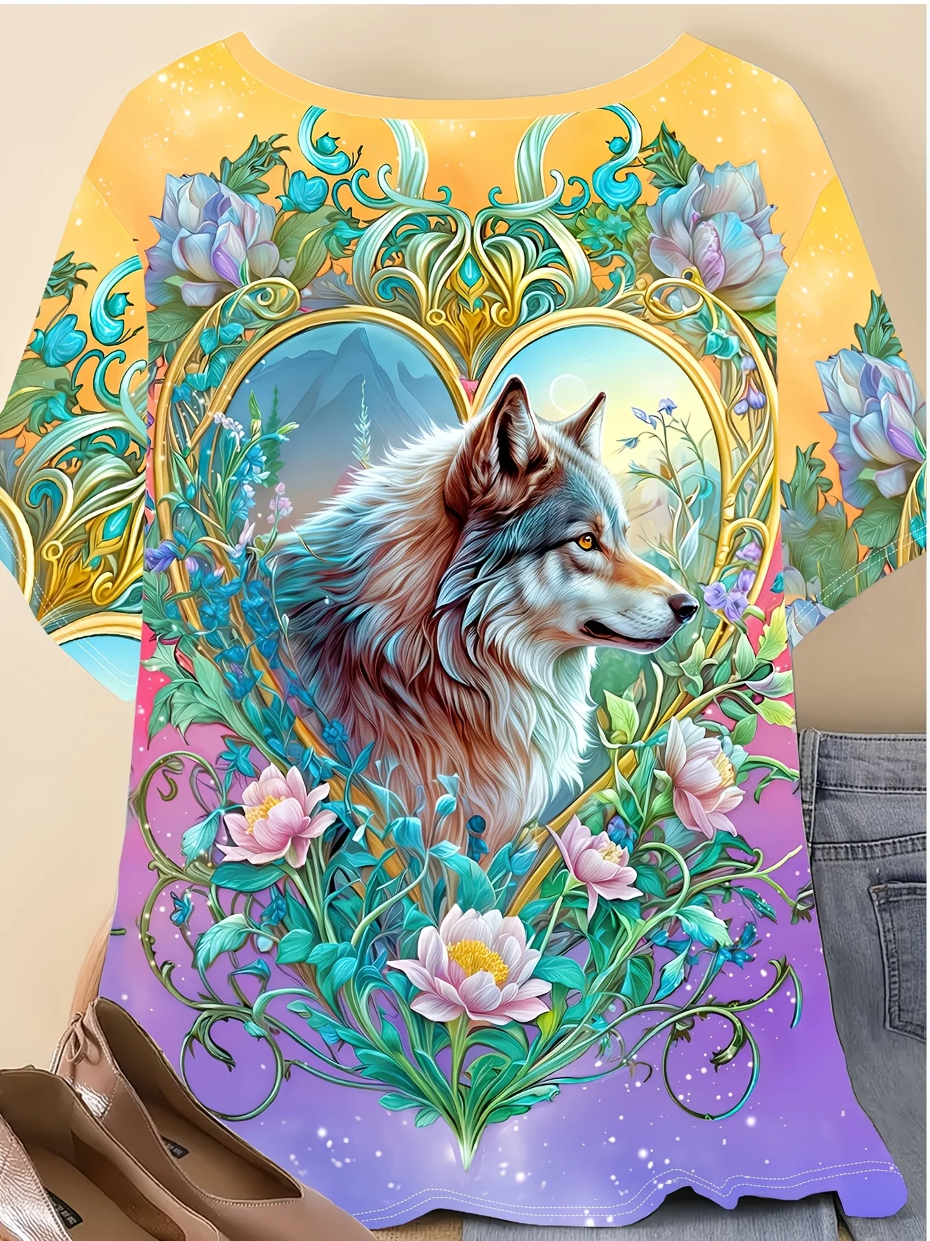 Women Crew Neck Short Sleeve T‑Shirt, Majestic Wolf In Heart Frame With Floral Flowers Gradient Color Graphic Casual Summer Tee
