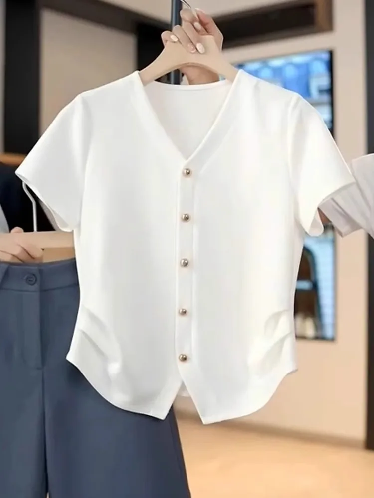 

Модная женская футболка с V-образным вырезом и коротким рукавом, приталенная, универсальная, базовая, летняя, дышащая, повседневная, элегантная, с вырезом на плечах