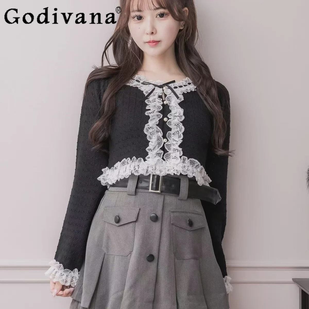 

Модный милый свитер с кружевным краем и бантом в японском стиле, весна и осень, новинка 2025 года, женские повседневные базовые вязаные пуловеры для девочек, топы