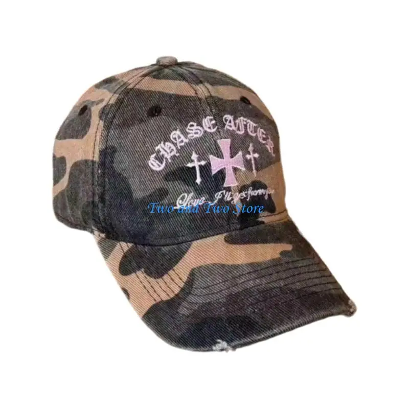 

HX6F Camouflaged Baseball Hat With Embroidered Letter Distressed Sun Hat For Hiphop Dance Streetwear And Outdoor Activity