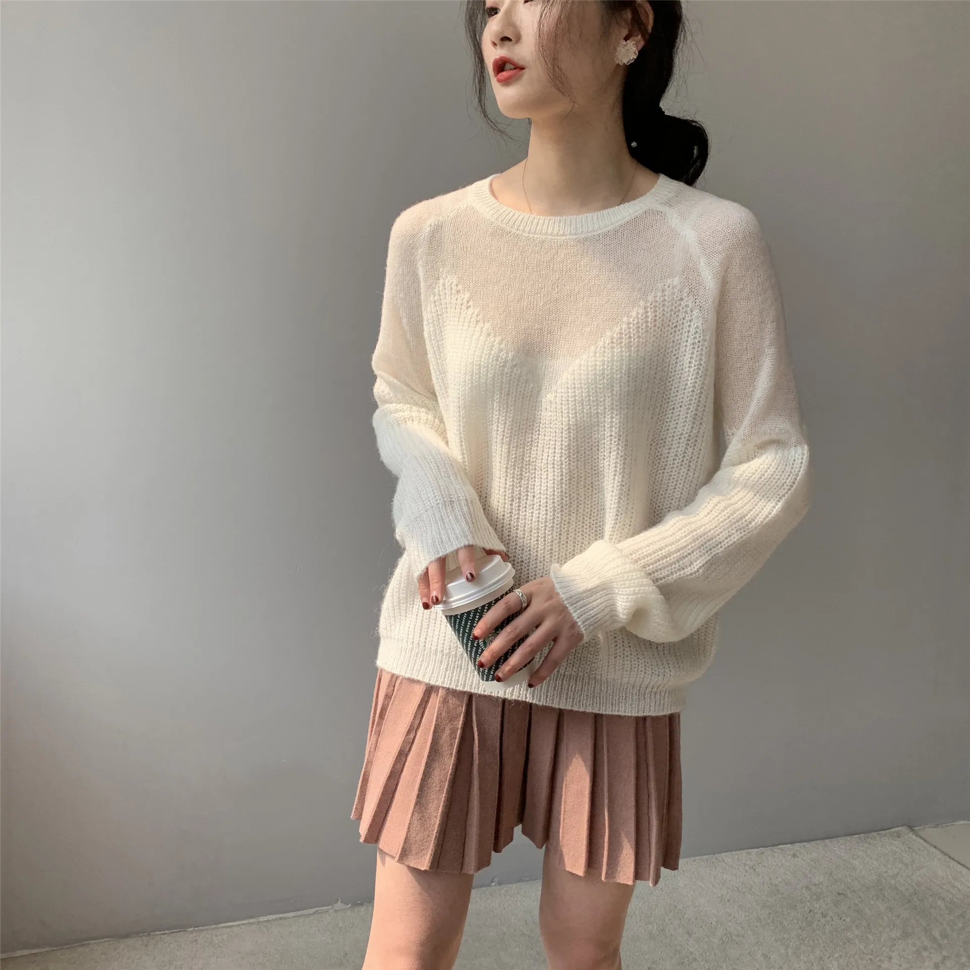 2024 New Women Sexy See Through Knit Mohair Pullovers Long Sleeve Good Quality Thin Spring Wear Clothes Sweater Pull Femme