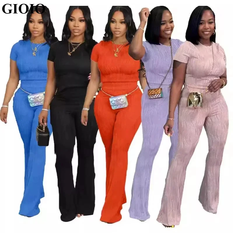 GIOIO Elegant Trendy 2024 New Design Solid Color Casual Elastic Wave Pattern Short Sleeve Crop Top Flared Pants Two Piece Set