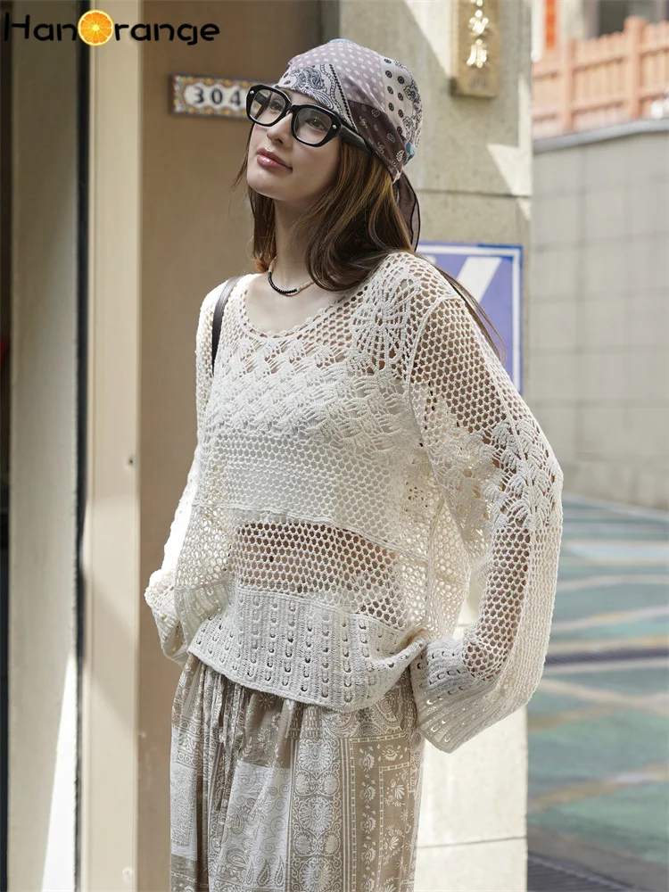 HanOrange 2025 Summer Lazy Heavy Feeling Hook Flower Hollow Knitted Sweatshirt Women Warm Skin Friendly Knitting Top Apricot