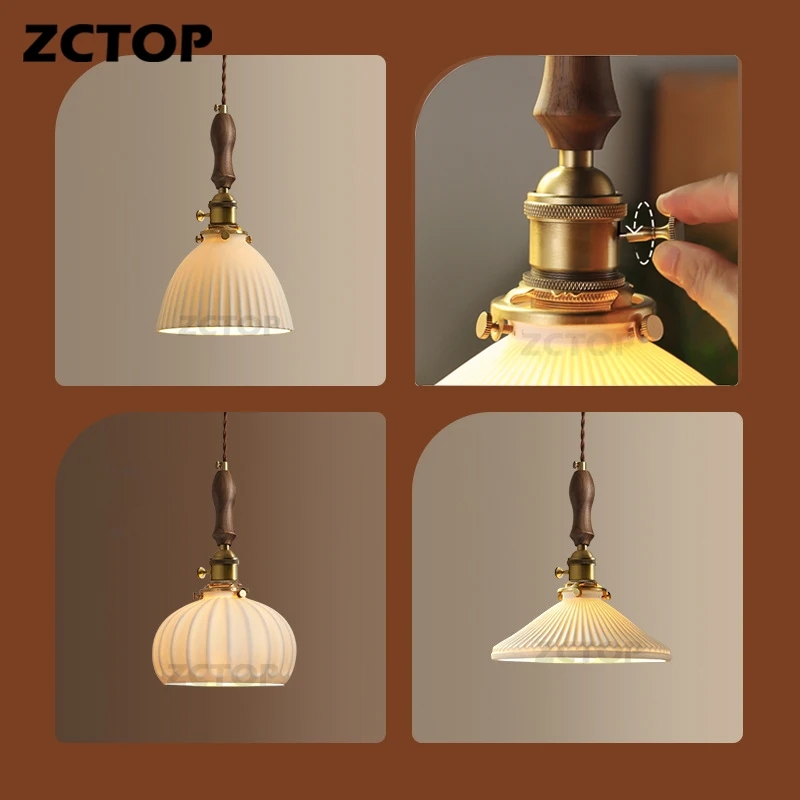 

Retro Walnut Wood LED Pendant Light Balcony Dining Room Restaurant Hollow Home Decor Chandelier Ceramic Knob Switch Hanging Lamp