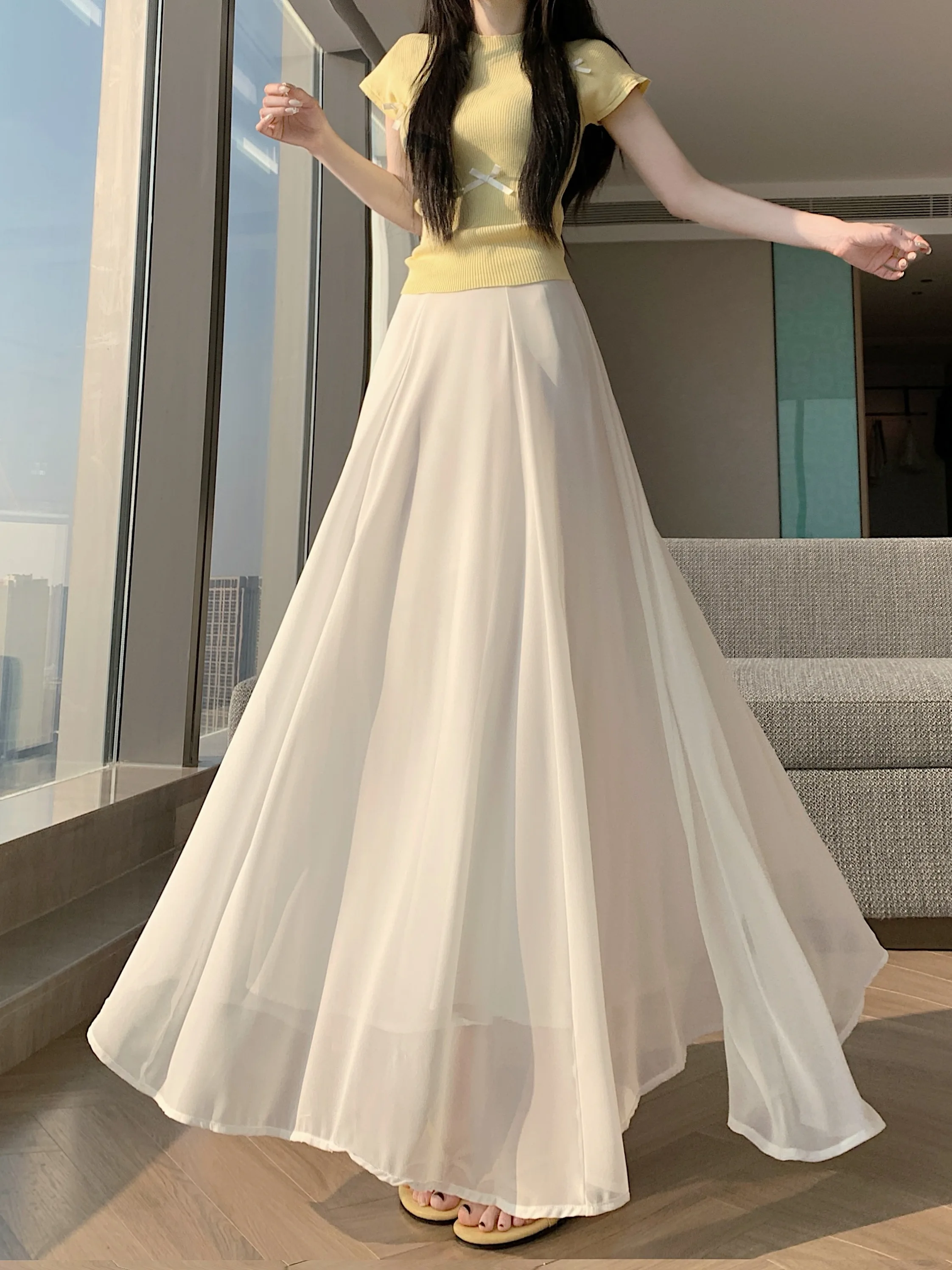 

Elegant High Waist A-Line Skirt Women's Chiffon Midi Skirt Summer Comfortable Draping Skirt Large Hemline Umbrella Skirt