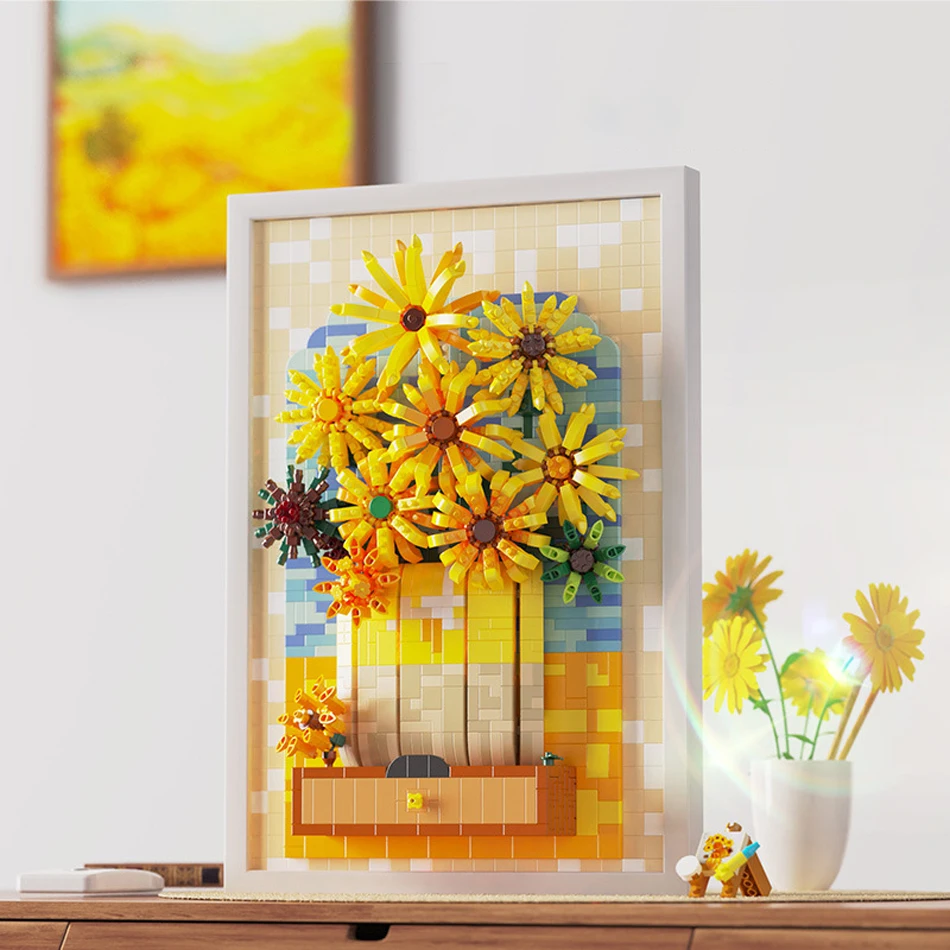 

Creative Sunflower Potted Painting MOC Building Blocks Home Decoration 3D Art Painting with Frame Micro Bricks Toy for Kids Gift