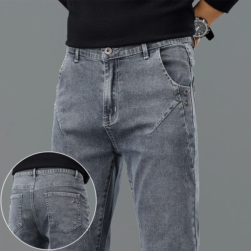 

2025 New Men's Stretch Jeans Autumn Fashion Pocket Slim Korean Straight Pants Comfortable Classic Small Feet Denim Trousers