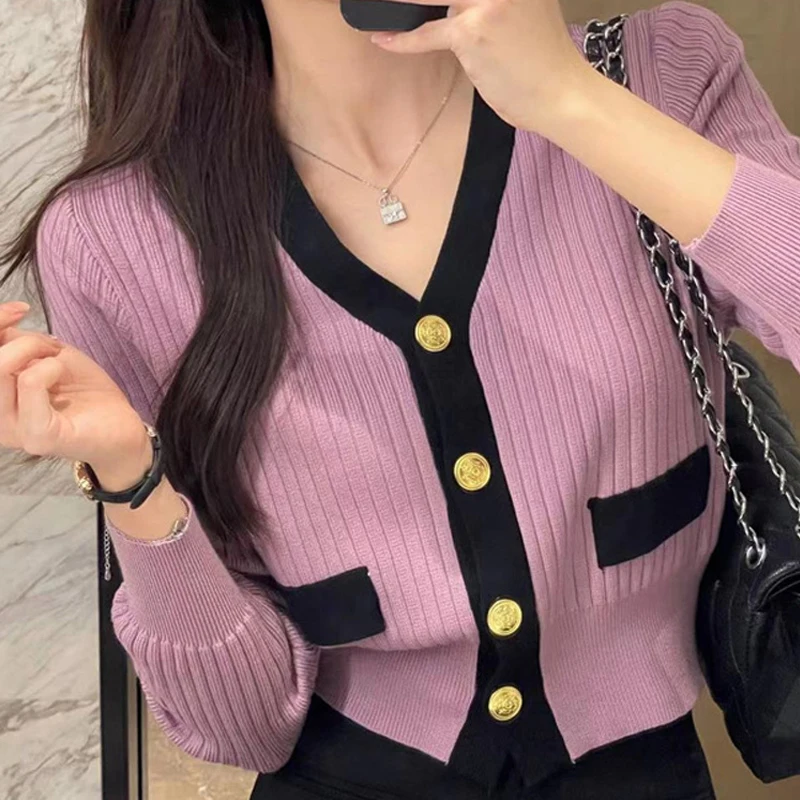 Women Korean Fashion Patchwork Chic Elegant Single Breasted Knitted Cardigan Autumn Female V Neck Long Sleeve Slim Sweater Coats