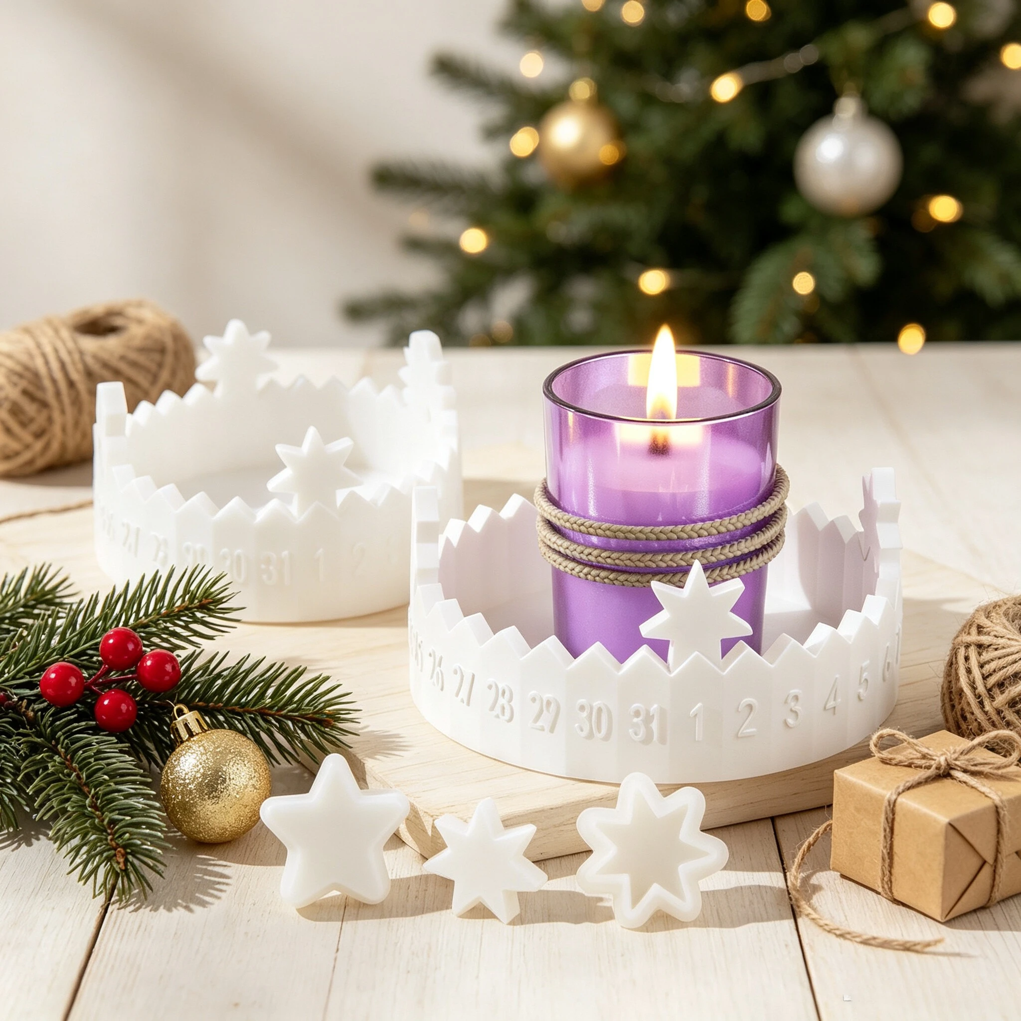 1set Unique Circular Candle Holder Mold for Advent Calendar, Silicone Mold with Date Display Stars,Two-Part Circular Lucky Star