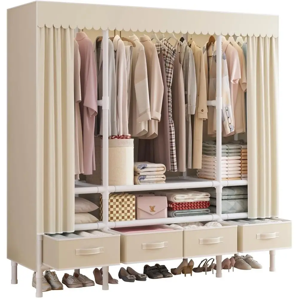 Portable Closets or Hanging Clothes,Clothes Rack with Cover,Portable Wardrobe Closet with 3 Hanging Rods, 6 Storage Shelves and