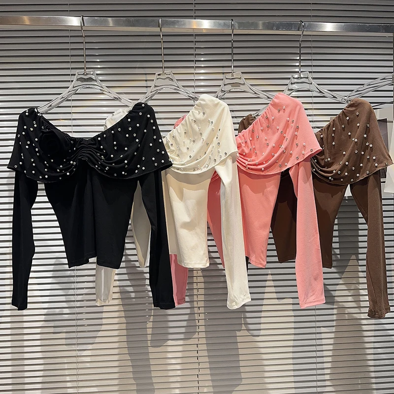 Spring New Flower Water Diamond Pearl Nail Bead Shawl Collar Elegant Socialite Irregular Design Temperament Long T-shirt