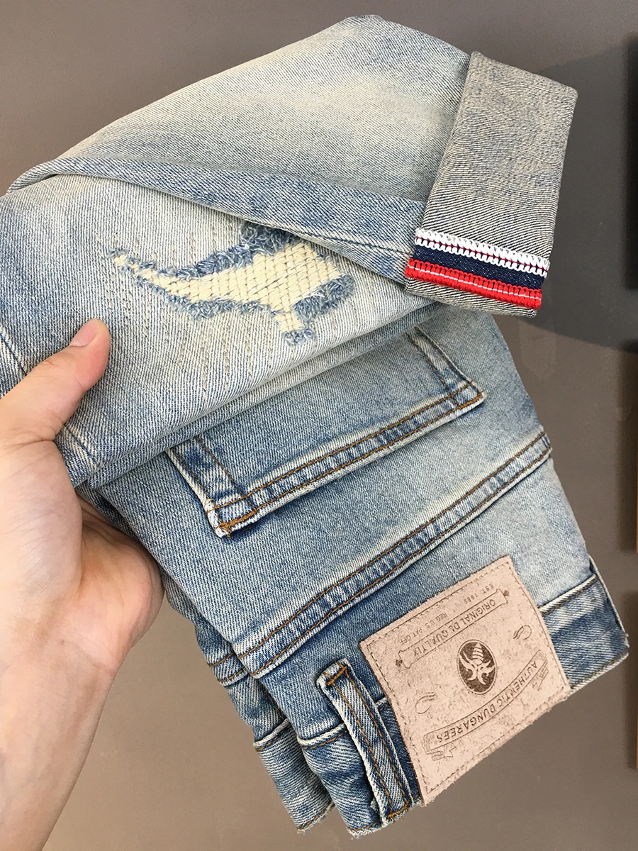 2025 Spring Stretch Ripped Patch Denim Jeans for Men American Vintage Casual High-Street Trend Ink Splatter Slim Straight Pants