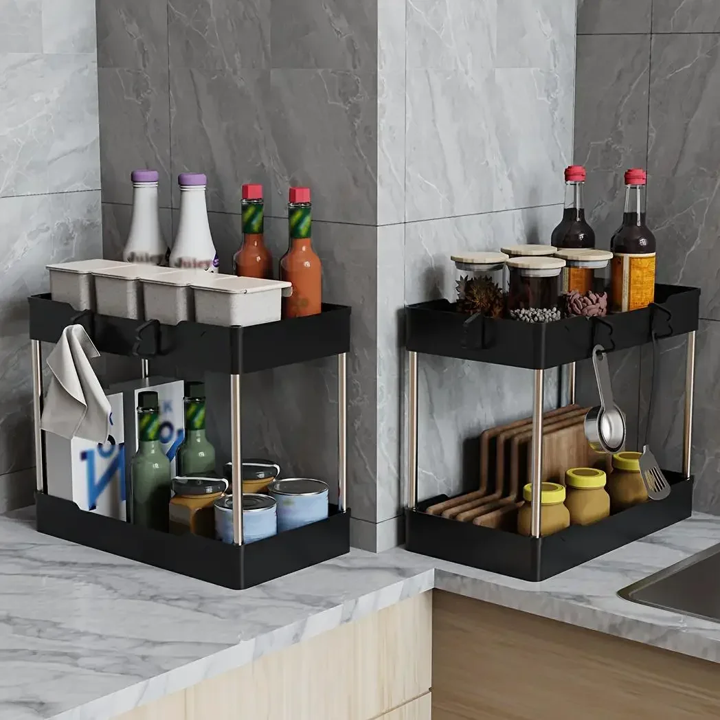 3Pcs/Set Under Sink Organizer 2-Tier Storage Rack Kitchen Cabinet Shelf Bathroom Vanity Countertop Container Space Saver Cleaning Supplies Holder Small Medium Large Multipurpose Pantry Shelving Home Organization view 5