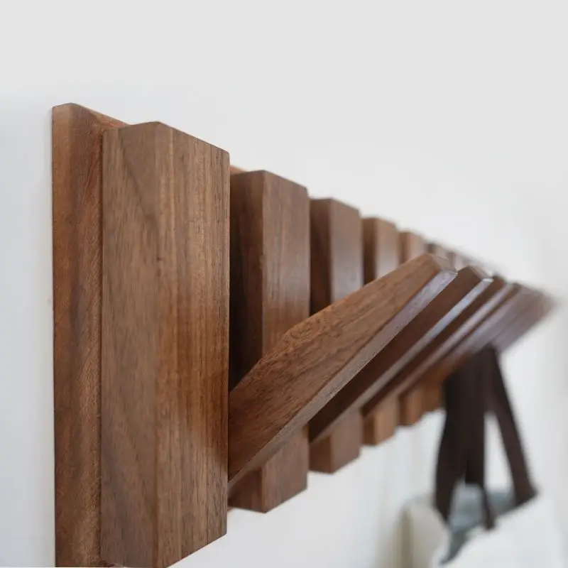 Solid Wood Foldable Piano Decorative Hook Nordic Wall Coat Hat Rack Hangers Key Holder Natural Walnut Texture Manual Magnetic