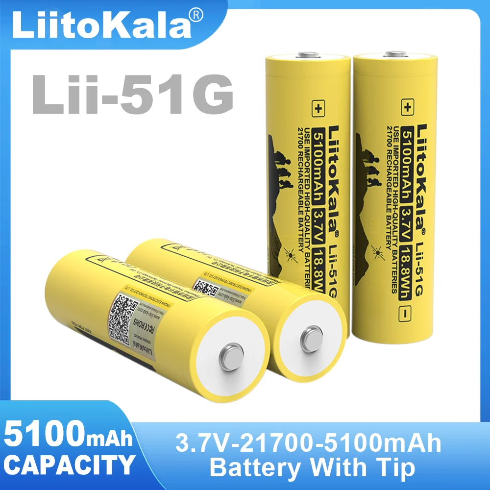 1-10 sztuk Liitokala Lii-51G 3.7V 5100mAh 21700 bateria litowa o dużej pojemności do latarki + końcówka (bez płytki drukowanej)