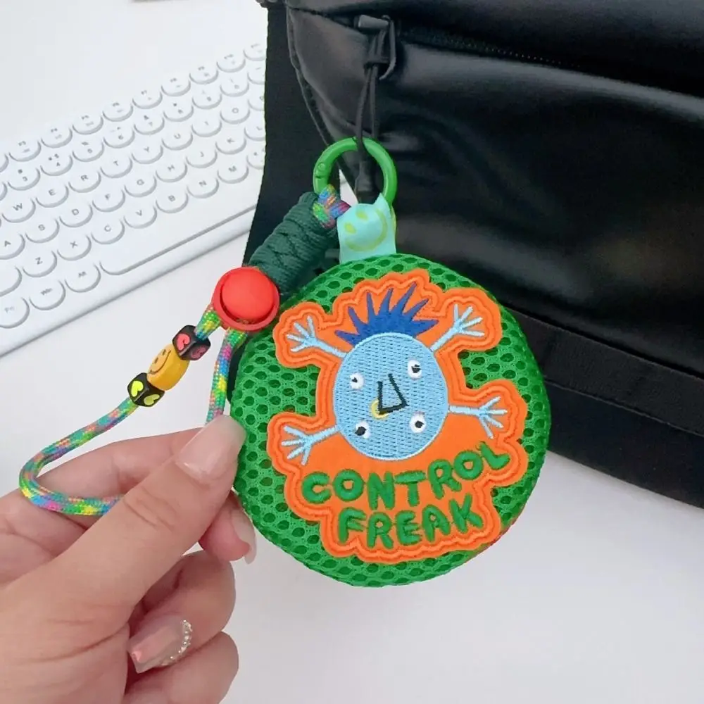 

Portable Small Mesh Pouch Keychain Breathable Buckle Closure Headphones Organizer with Handle Rope Round