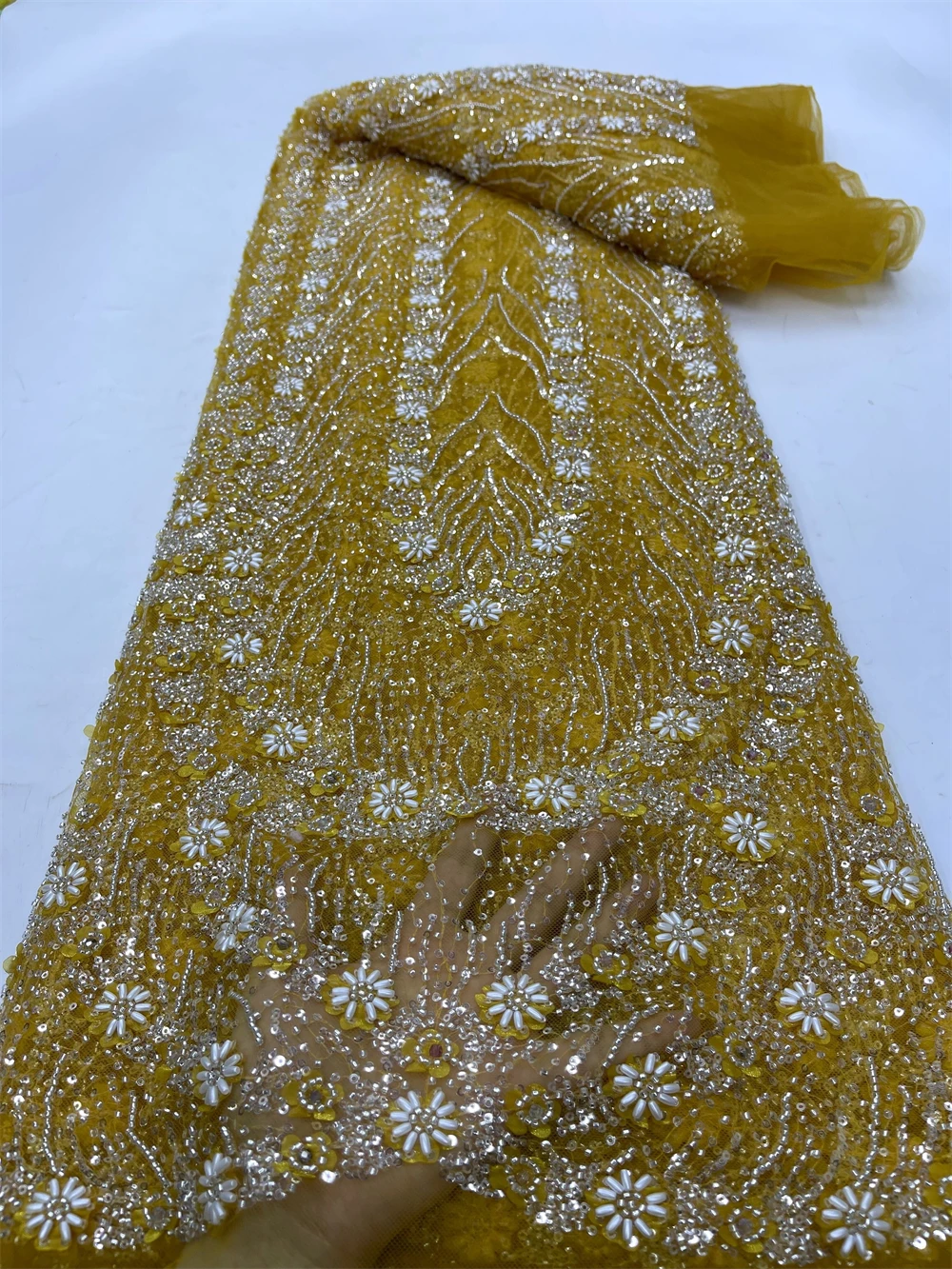 

Африканский нигерийский тюль, кружева ткань, высокое качество, вышивка блестками, вышивка бисером, свадебное платье в французском стиле, 5 ярдов, 2024