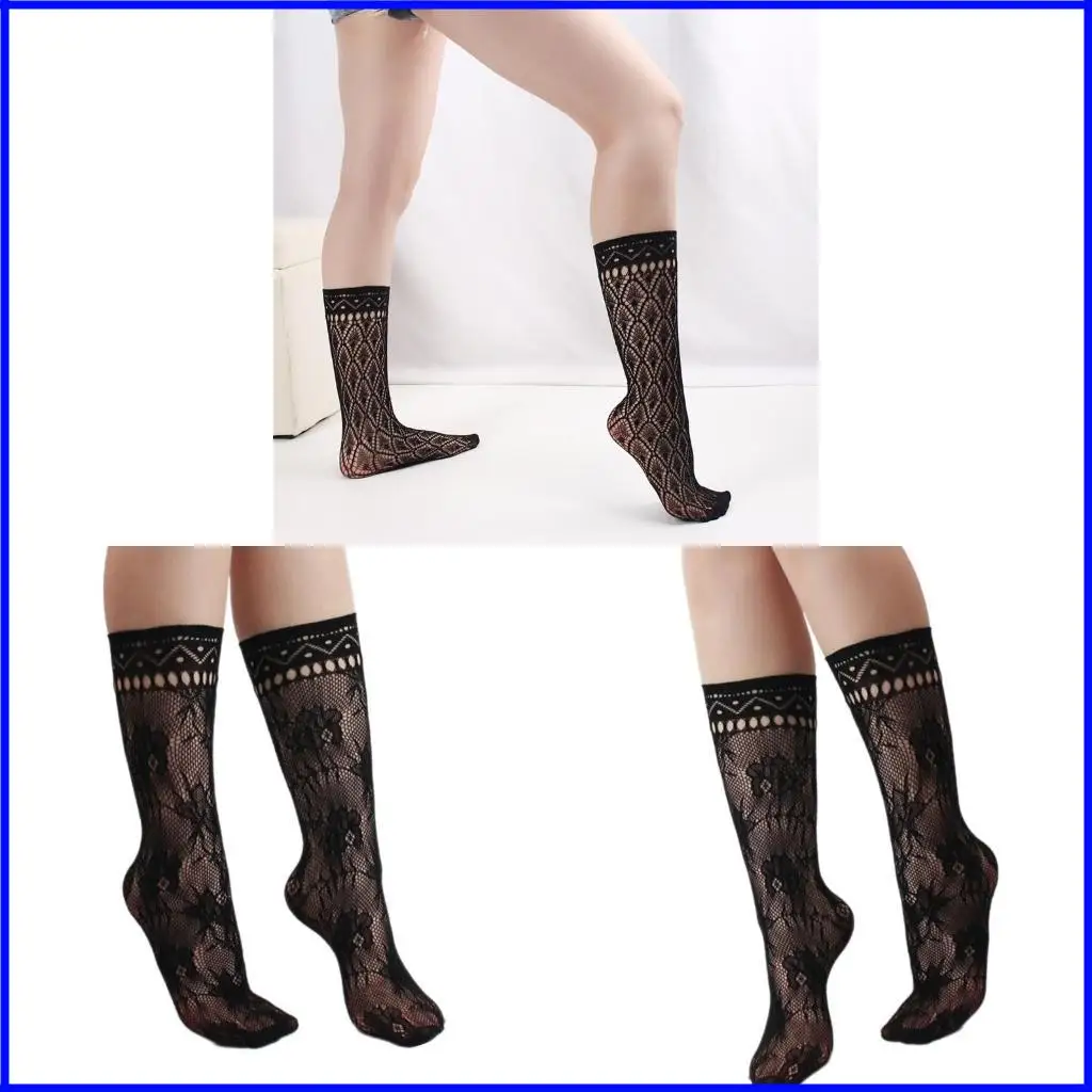 

1 Pair Fashionable Black Mesh Stockings with Hollowout Detail Geometric Patterned Middle Calf Socks for Women