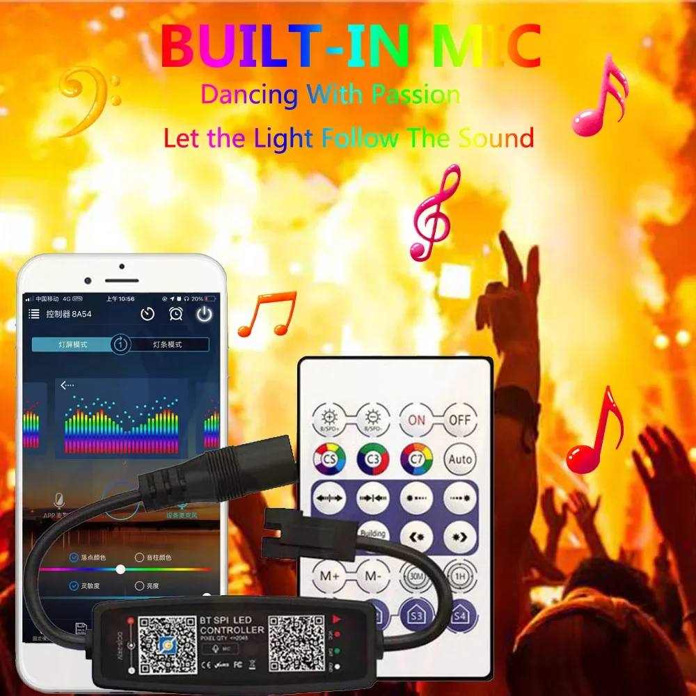 Bluetooth LED Controller 28Keys Smart Built-in MIC With Remote for WS2812 WS2811 SK6812 Pixel LED Strip Light DC12-24V USB5V