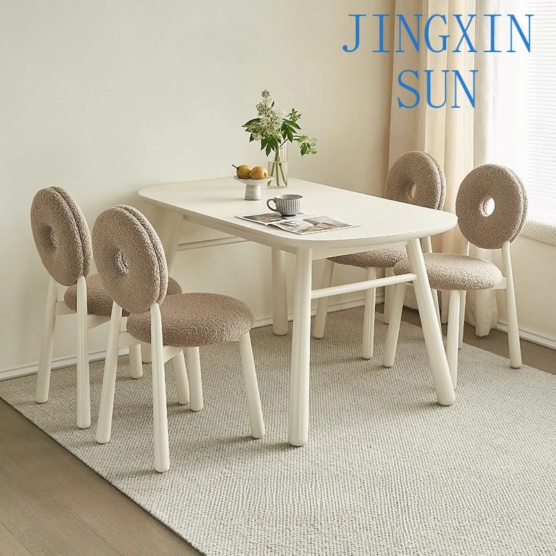Glass Desktop Solid Wood Feet Cream Dinner Dining Table Solid Wood Foot Oval Velvet Chair Kitchen Furniture Dining Tables Desk