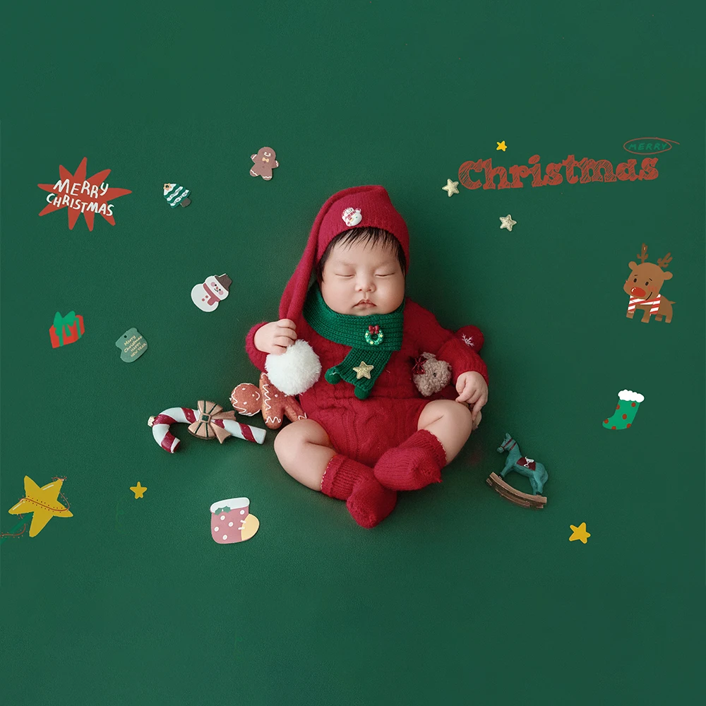 Newborn Christmas Photography Supplies Red Knitted Baby Costume Candy Cane+gingerbread Xmas Theme Decor for Studio Baby Shooting