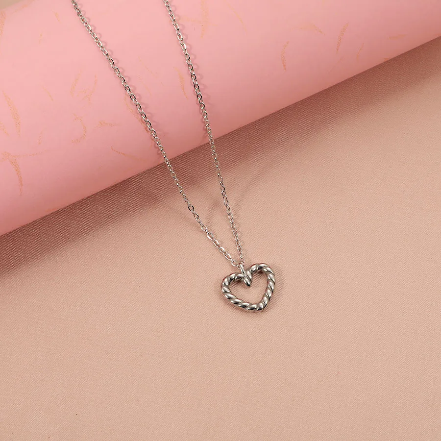 304 Stainless Steel 45+5cm Chain Fried Dough Twist Heart Necklace Jewlery Not Fade Silver Color