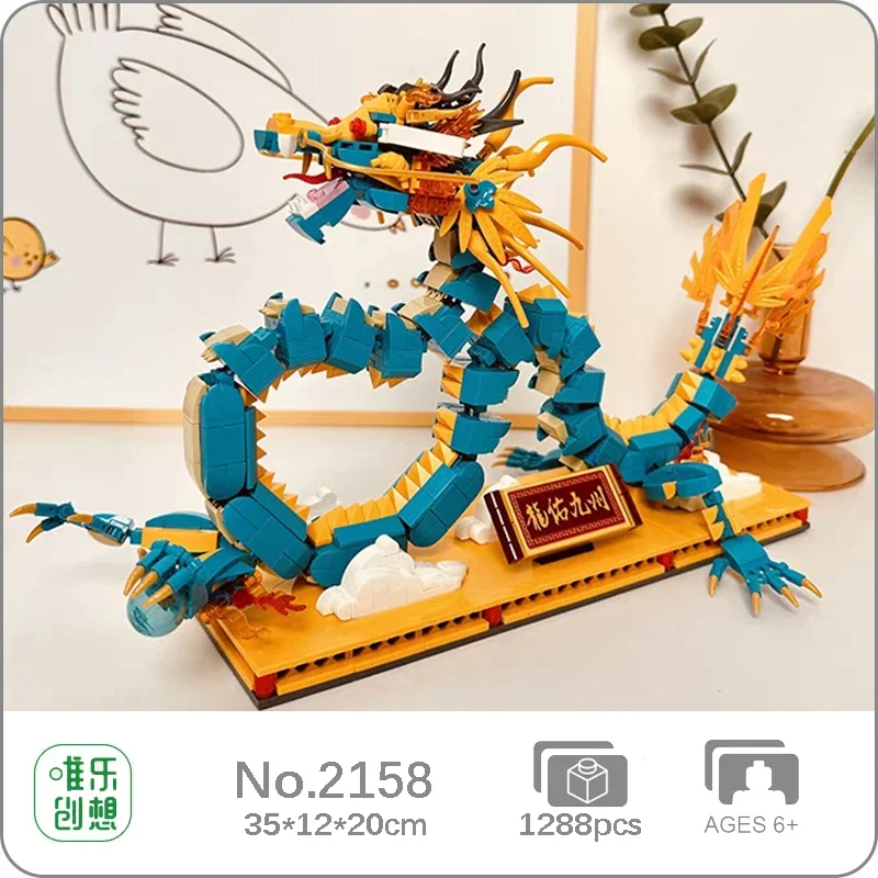 WLCX 2158 Chinese Dragon King Of The Eastern Sea Loong Cloud Monster Pet Doll Base Model Mini Blocks Bricks Building Toy No Box