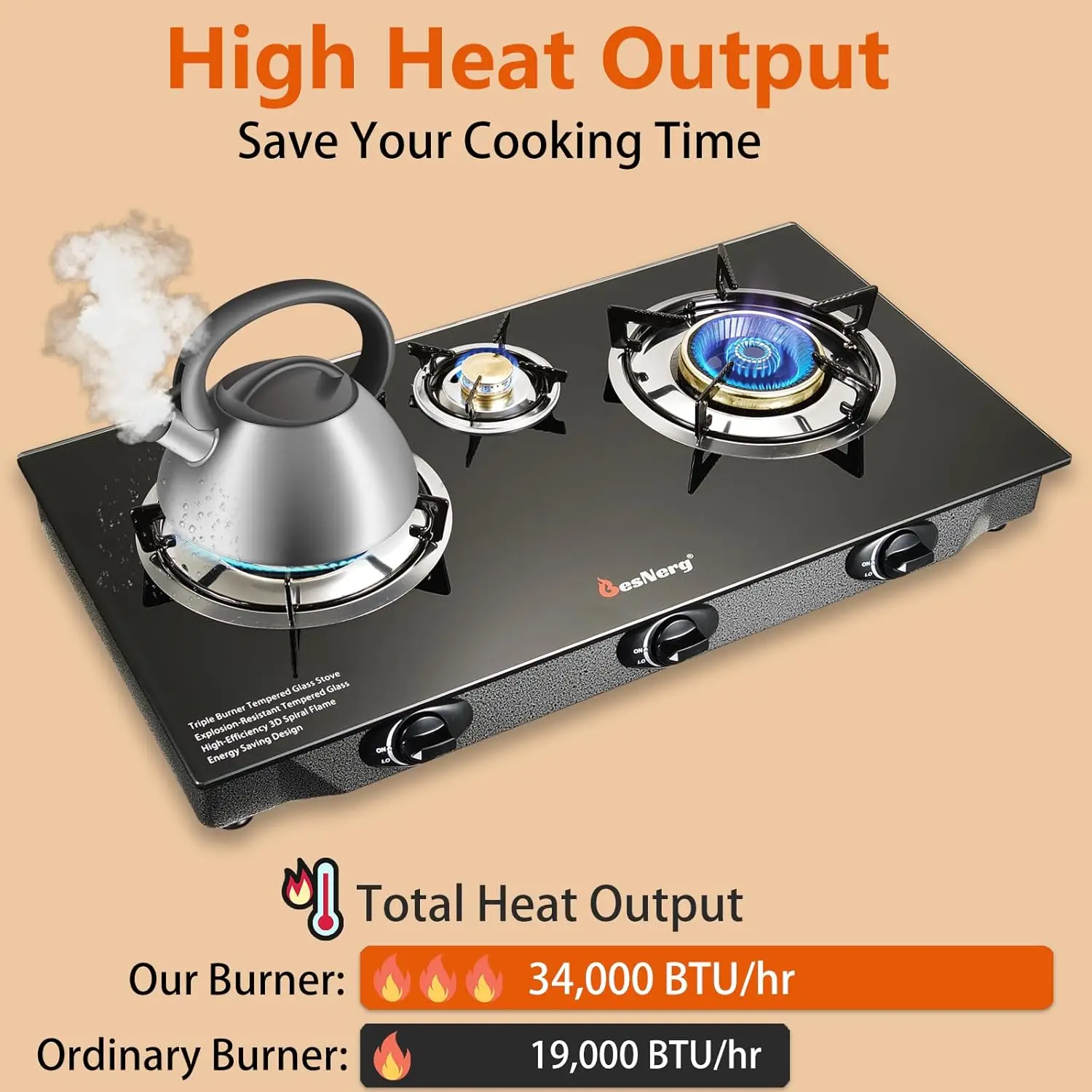 موقد غاز البروبان 3 شعلات، 34000 وحدة حرارية بريطانية عالية الكفاءة للإشعال التلقائي من الزجاج المقسى غاز البترول المسال مع منظم CSA وخرطوم #2