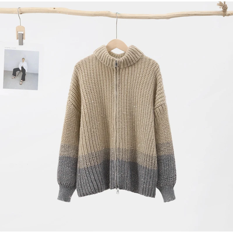 Women Fashion Gradual Sequin Knit Cardigan Elegant Loose Lantern Sleeves Zipper Sweater 2024 Autumn Winter Female Knitwear Tops