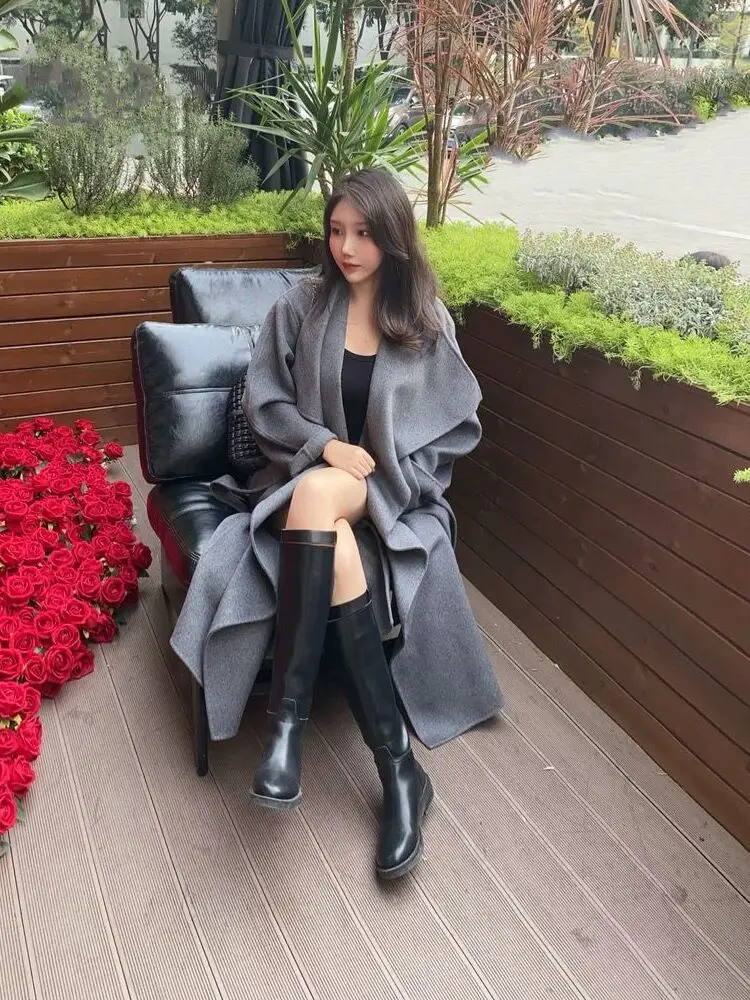 

High-End Double-Sided Wool Camere Coat with Belt Long Robe Sle Women's Faion Long Sve Color Street Sle Coat