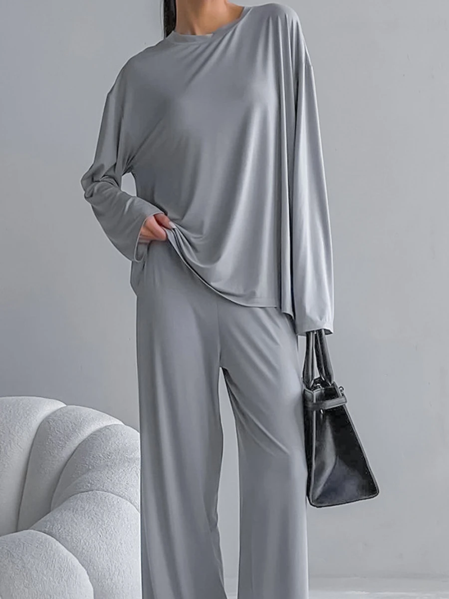 Muzuleva Autumn New Round Neck Long Sleeved Pants Pajama Set Women\'s Solid Color Basic Top  Casual Loose Home Clothing Suits