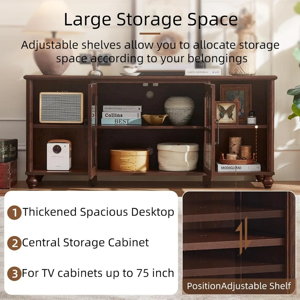 حامل تلفزيون المزرعة لتلفزيون 60 بوصة، مركز ترفيه خشبي مع أرفف قابلة للتعديل وخزانة تخزين بباب زجاجي، ملعب تلفزيون #5