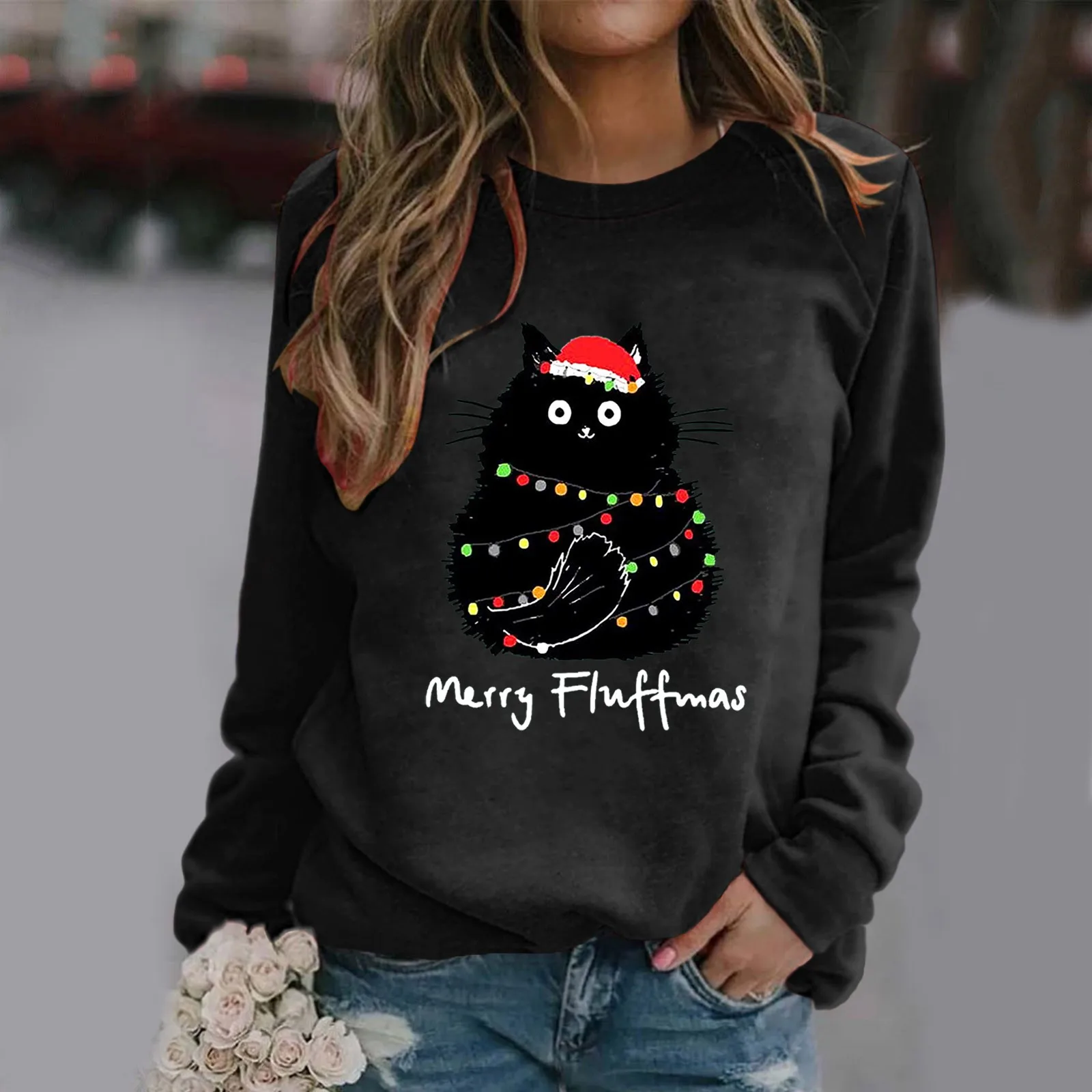 Clothes Merry Christmas Women Clothing Festival Pullover Cartoon Light With Fluffy Cat Cartoon Sweet Female Graphic Sweatshirts