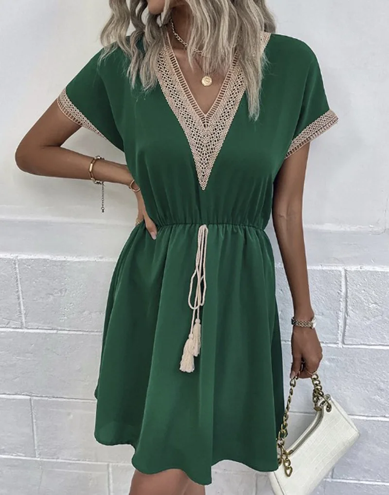 

2026 New Casual Color Blocking Waist dresses Women Summer Casual Loose Lace V-neck Half Sleeve Mini Dress for Women