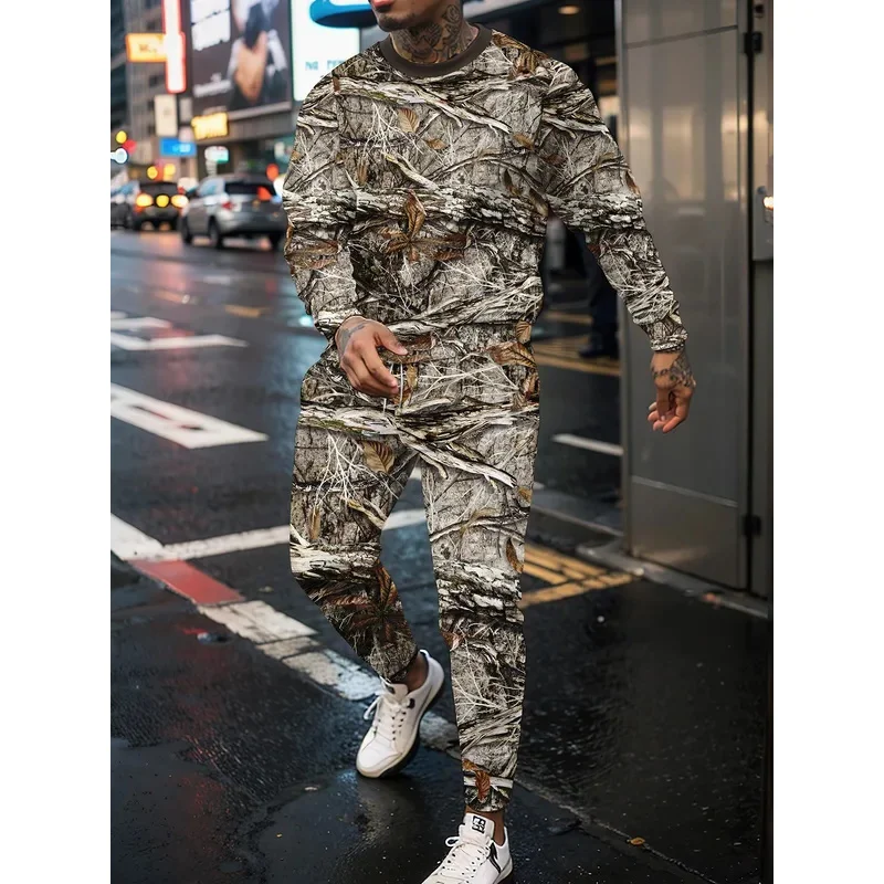 Jungle Camouflage 3D Print Long Sleeve Man 2 Piece Set Streetwear Casual Tracksuit Male Oversized Tops Basketball 2PCS Sets