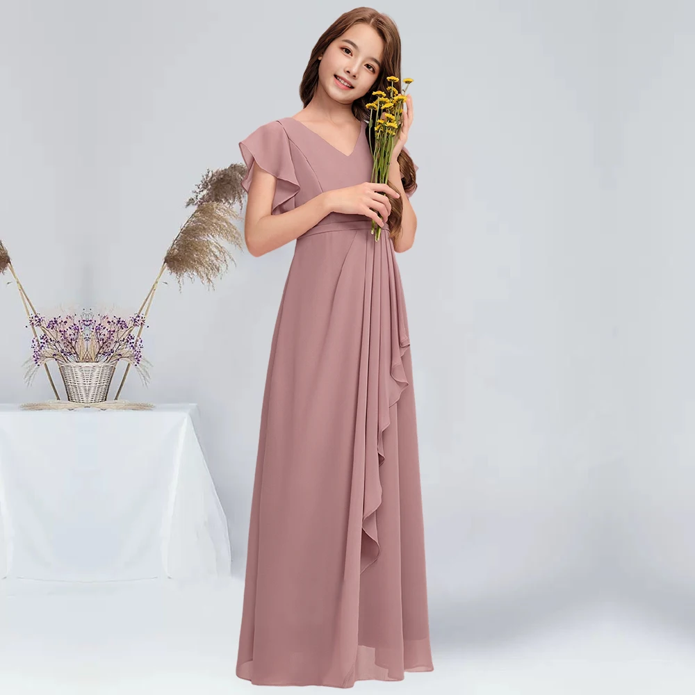 

A-line V-Neck Floor-Length Chiffon Junior Bridesmaid Dress With Cascading Ruffles Vintage Mauve Flower Girl Dress Party Wedding