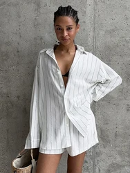 Marthaqiqi Striped Women Nightgowns Set Long Sleeve Pajama Turn-Down Collar Sleepwear Shorts Loose Ladies Nightwear 2 Piece Suit