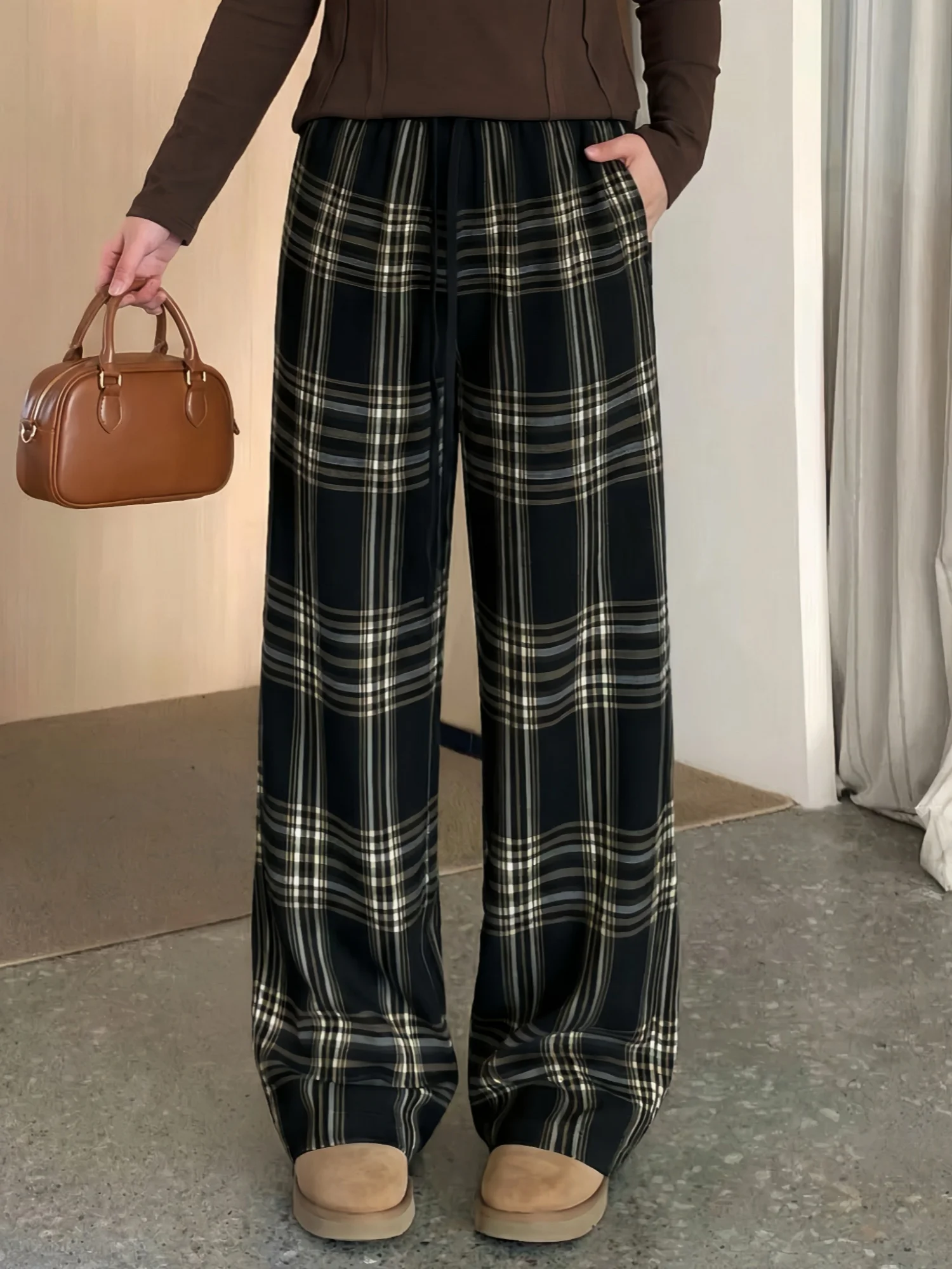 

Модные повседневные брюки с высокой талией, свободного кроя, в полоску, для полных женщин, широкие брюки для работы и отдыха, осень-зима, новинка