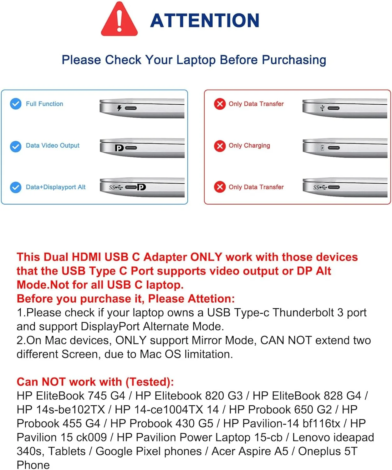 محول USB C إلى Dual HDMI متوافق مع Type-C Thunderbolt3 إلى 4K لمرآة الكمبيوتر المحمول التي تعمل بنظام Windows ووضع التمديد